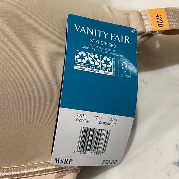 NWT, VANITY FAIR Beauty Back Full Figure No Poke Underwire Bra, Neutral - 42E - Picture 7 of 8